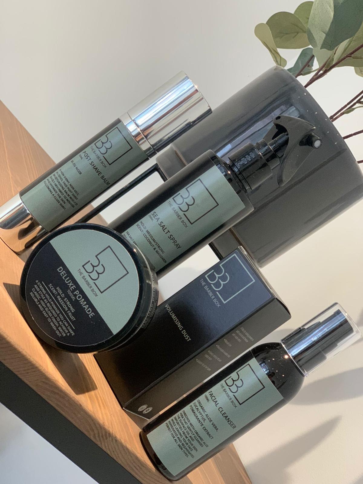 The Barber Box branded product range — pomade, sea salt spray, facial cleanser and more